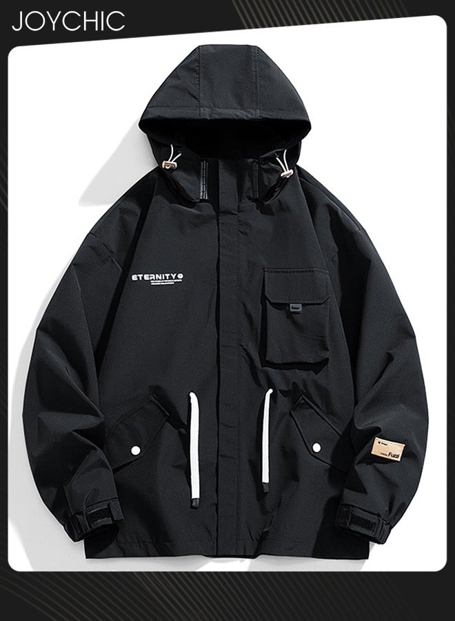 Joychic Classic Windbreaker Spring and Autumn Winter Men Work Jacket Casual Loose Hooded Zipper Windproof Coat Large Size Outdoor for Camping Climbing Black - Image 2