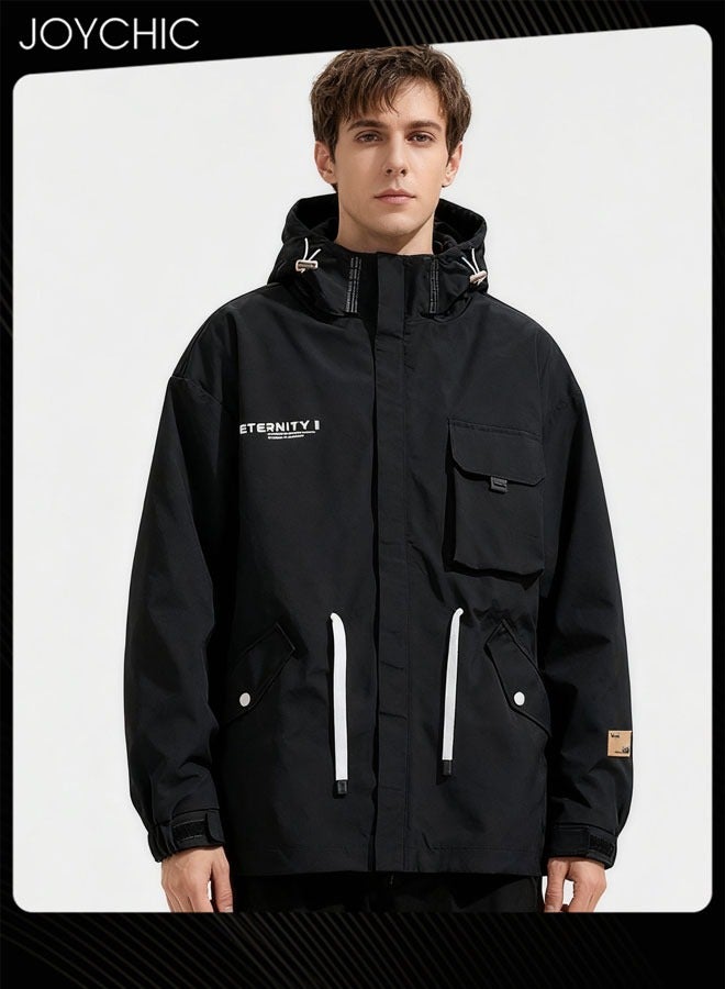 Joychic Classic Windbreaker Spring and Autumn Winter Men Work Jacket Casual Loose Hooded Zipper Windproof Coat Large Size Outdoor for Camping Climbing Black - Image 1