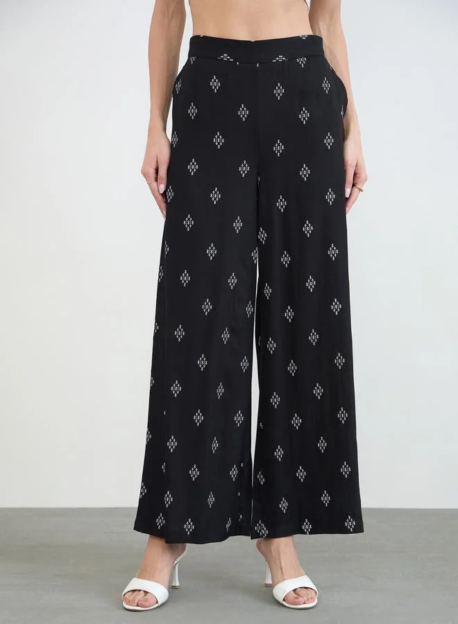 Styli Black Printed Wide Leg Pants with Side Pocket