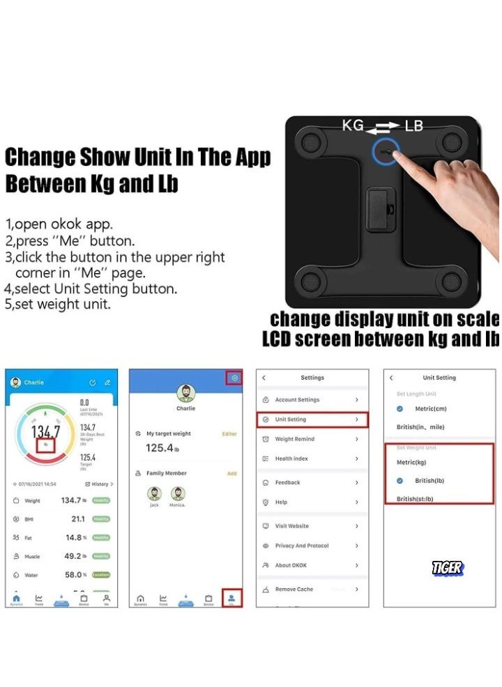 TIGER Smart Body Fat & Body Composition Scale – Bluetooth Electronic Weighing Scale with BMI Analyzer, Backlit LCD, Tempered Glass, Mobile App Sync for iOS & Android, 180KG Capacity – Ideal for Home Use & Health Monitoring - Image 2