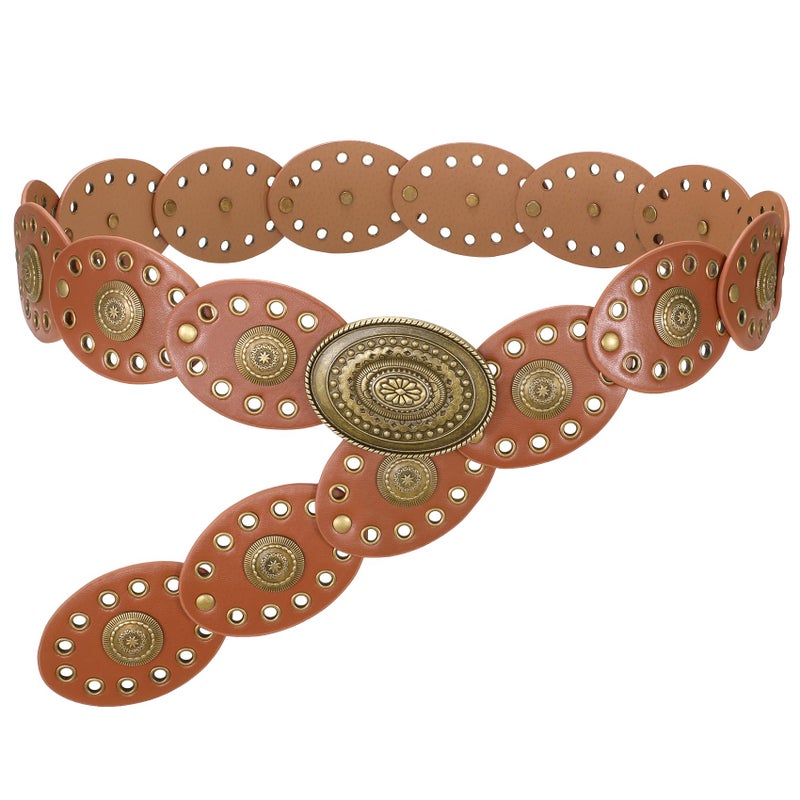 WERFORU Women Wide Western Belts for Dress Vintage Disc Belts for Women Cowgirl Leather Waist Belts Country Style Accessory,Brown-Style 3,S:Length 41"ï¼šFit Waist Size Below 36" - Image 1