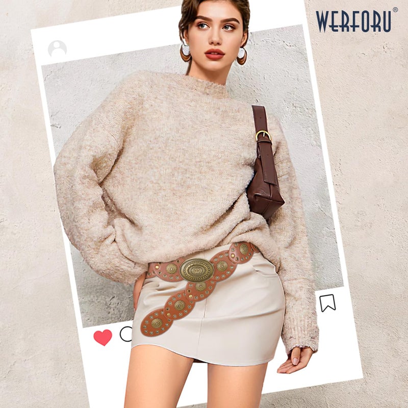 WERFORU Women Wide Western Belts for Dress Vintage Disc Belts for Women Cowgirl Leather Waist Belts Country Style Accessory,Brown-Style 3,S:Length 41"ï¼šFit Waist Size Below 36" - Image 3