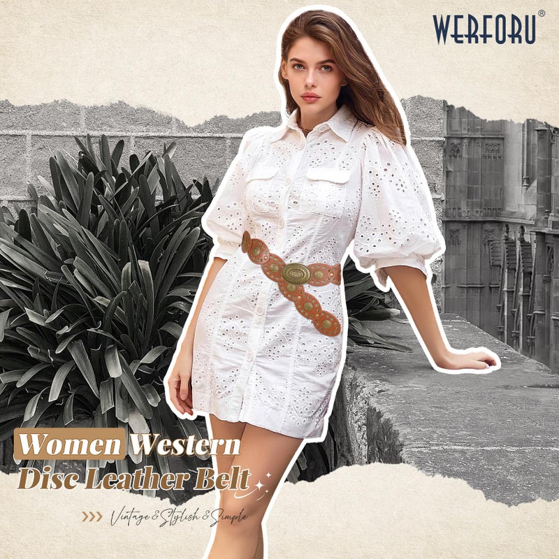 WERFORU Women Wide Western Belts for Dress Vintage Disc Belts for Women Cowgirl Leather Waist Belts Country Style Accessory,Brown-Style 3,S:Length 41"ï¼šFit Waist Size Below 36" - Image 5