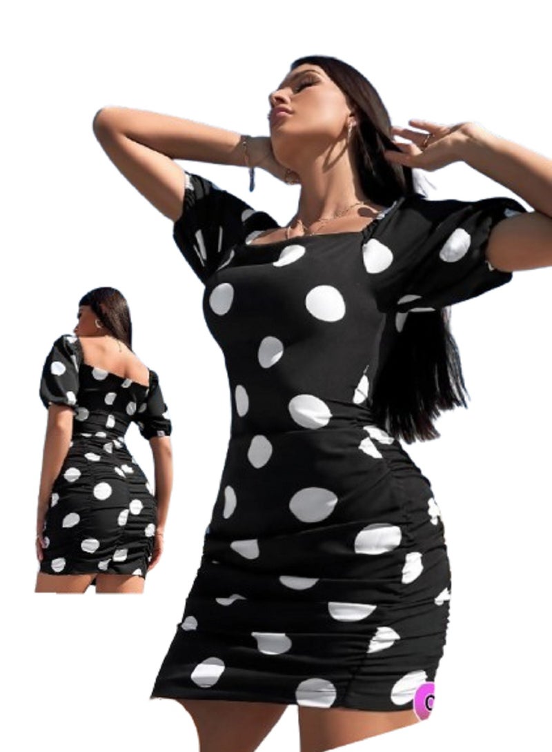 MANIKAN MANIKAN Polka Dot Bodycon Dress with Puff Sleeves, Black and White, One Size  - Image 1
