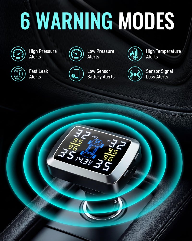 deepredcoast Tire Pressure Monitoring System 48s Fast Refresh TPMS with Strong Battery Easy Button Control Real Time Pressure Temperature Monitoring LCD Display 4 External Sensors for Cars SUVs Trucks 0–87 PSI - Image 3