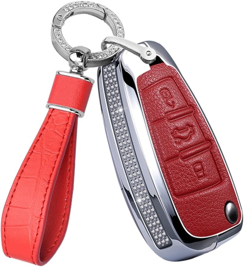 ontto Leather Car Key Fob Cover Keyring for Audi Models - Red - Image 1