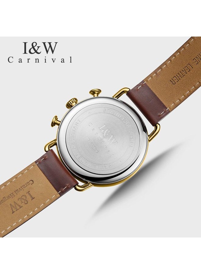 CARNIVAL Luxury Men's Big Dial Chronograph Sapphire Glass Waterproof Quartz Black Leather Gold Watches, Gold case & Black dial & Black Strap, fashion - Image 3