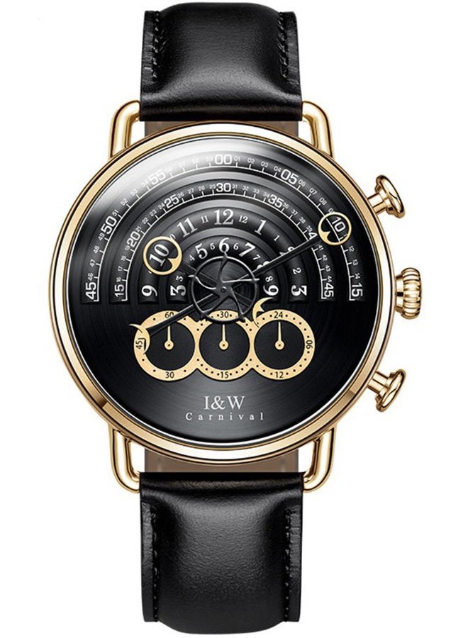 CARNIVAL Luxury Men's Big Dial Chronograph Sapphire Glass Waterproof Quartz Black Leather Gold Watches, Gold case & Black dial & Black Strap, fashion - Image 1