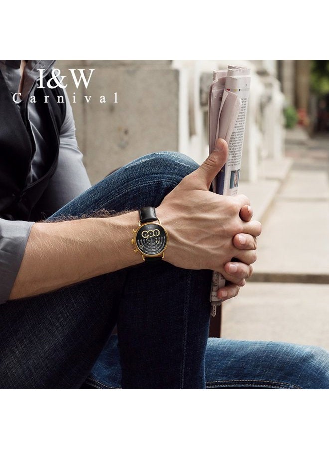 CARNIVAL Luxury Men's Big Dial Chronograph Sapphire Glass Waterproof Quartz Black Leather Gold Watches, Gold case & Black dial & Black Strap, fashion - Image 4