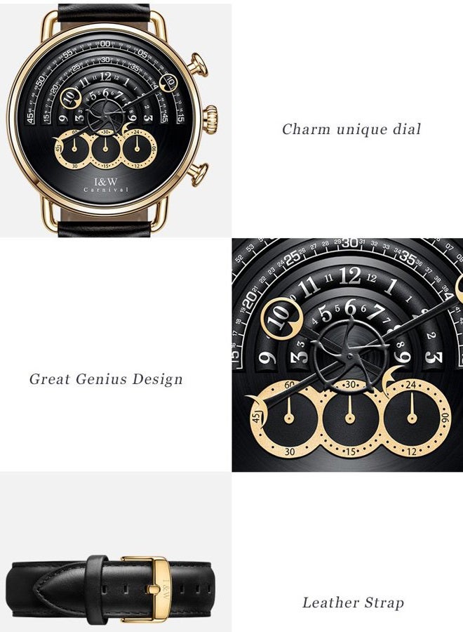 CARNIVAL Luxury Men's Big Dial Chronograph Sapphire Glass Waterproof Quartz Black Leather Gold Watches, Gold case & Black dial & Black Strap, fashion - Image 2