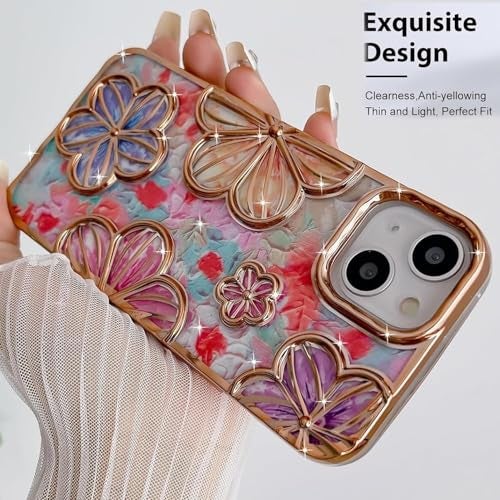 mobistyle Designed for iPhone 15 Cover| Electroplating Colourful Flower 3D TPU Camera Protection Back Cover Case for Women Girls (Flower Gold) - Image 5