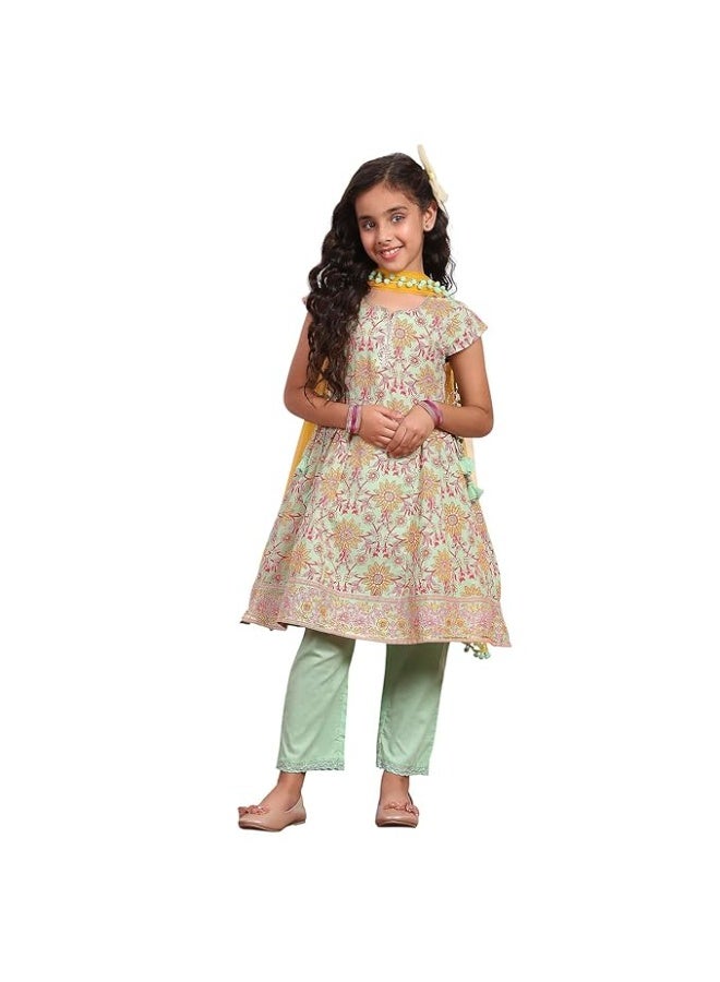 Biba Girls 100% Cotton Short Sleeve Floral Print Flared Kurta Set 6to7y - Image 1