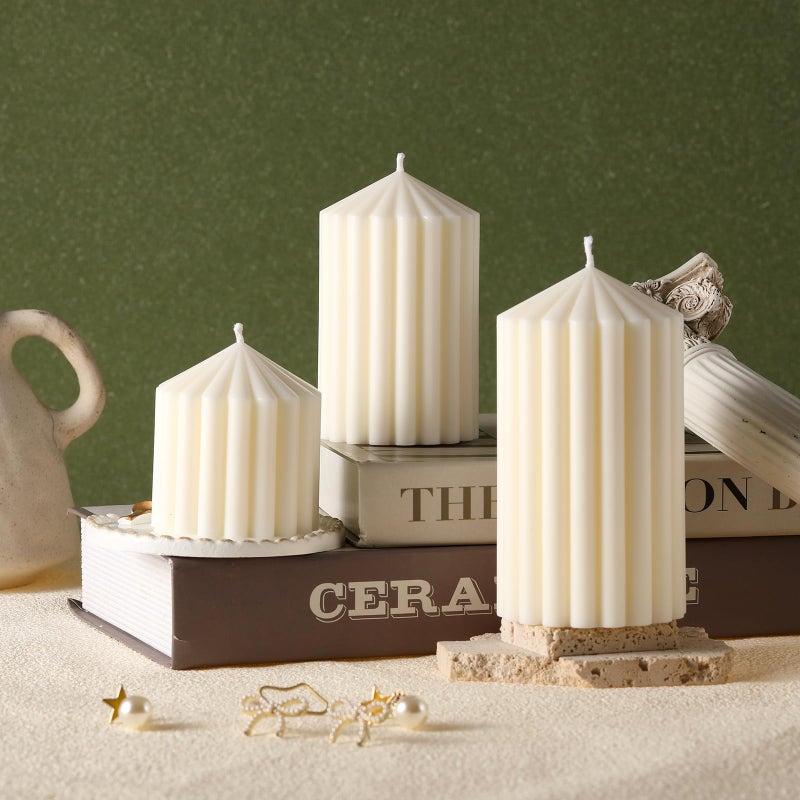 Conelist Set of 3 Ribbed Pillar Candles Soy Wax Scented Ribbed Candles Includes 28 42 and 51 Inches Heights Romantic Decoration for Home Birthday GiftWhite