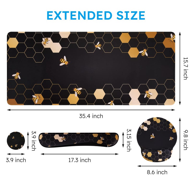iCasso Desk Mat, Gaming Mouse Pad Wrist Support Set,4in1 XXL Large Mousepad + Keyboard Wrist Rest+Mouse Wrist Rest+Coaster Set with Ergonomic Design for Home Office Table Computer-Honeycomb - Image 2