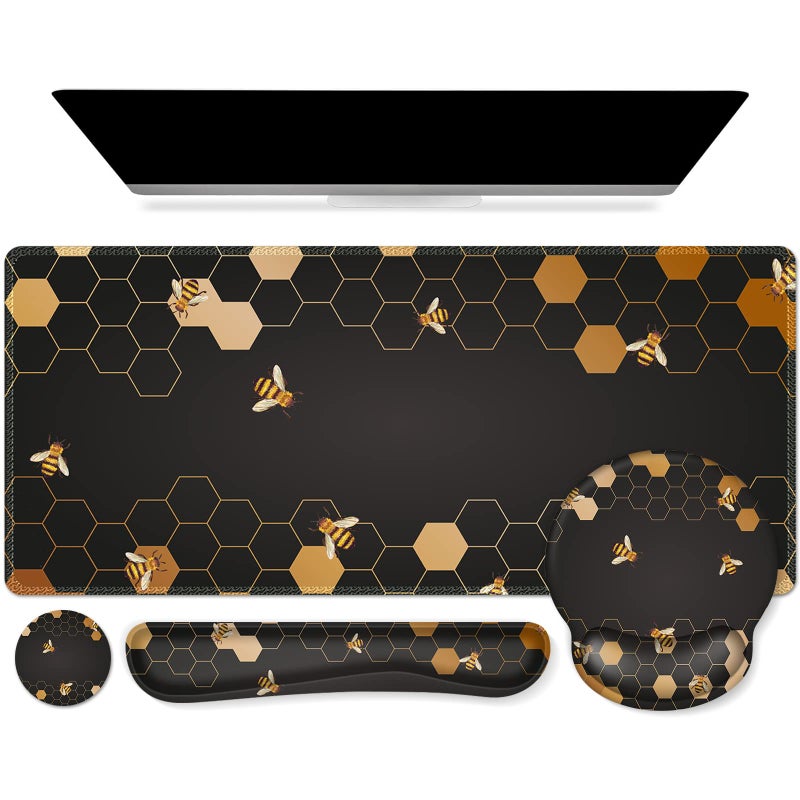 iCasso Desk Mat, Gaming Mouse Pad Wrist Support Set,4in1 XXL Large Mousepad + Keyboard Wrist Rest+Mouse Wrist Rest+Coaster Set with Ergonomic Design for Home Office Table Computer-Honeycomb - Image 1