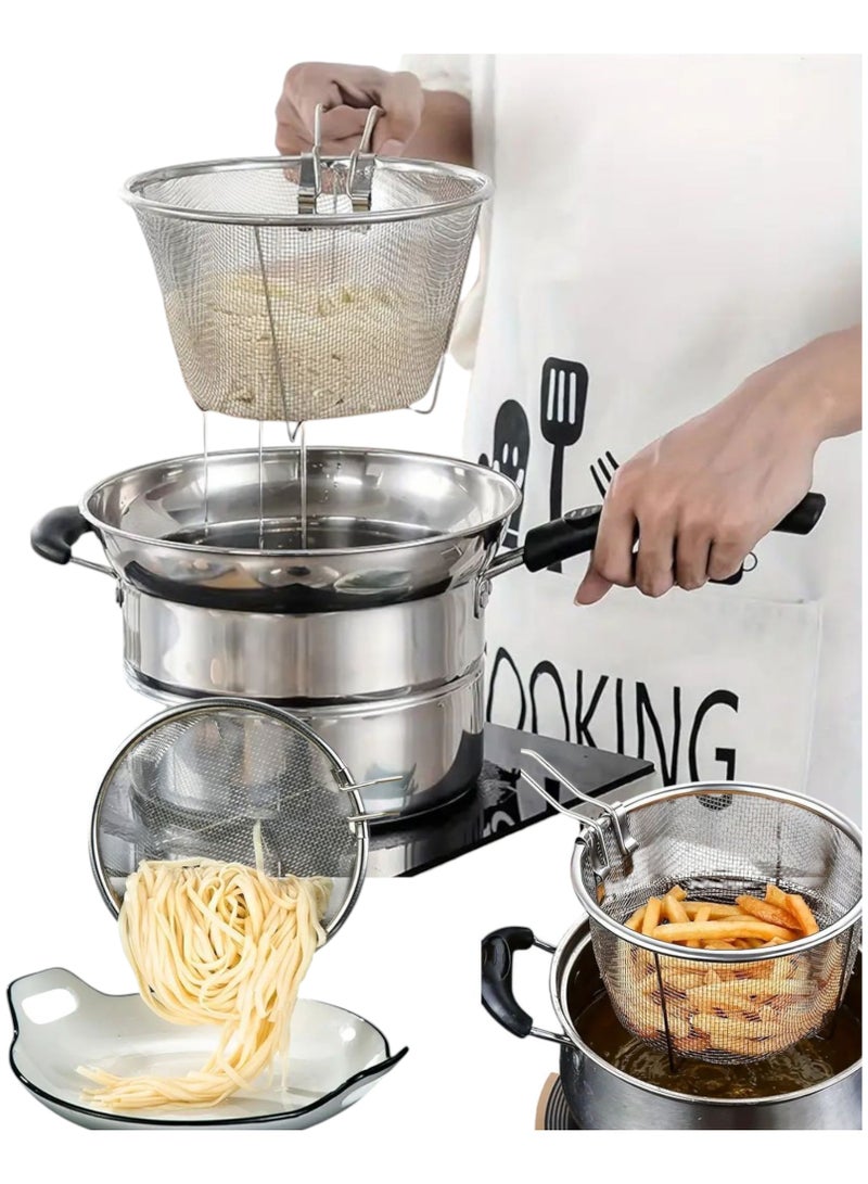 A single piece of multi-purpose, deep basket-shaped mesh strainer that can be used for steaming or frying. It is used in pasta restaurants to boil pasta, noodles, or instant noodles. It is also used to boil vegetables, corn, or fry potatoes, chicken nuggets, fish, or samosas. A practical, civilized tool for quick juicing. There is no need now to use several pots to prepare noodles or pasta. Just place the strainer inside the cooking pot and leave it until it is cooked, then drain it easily. Ideal for the kitchen, restaurants, food trucks, or hotels. Made of rust-resistant stainless steel. It has a handle for easy grip and is foldable for easy storage. The strainer mouth measures 18.3 cm wide and 11.6 cm deep - Image 1