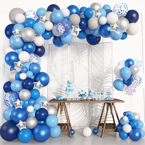 Amandir Navy Blue Balloons Arch Garland Kit 144Pcs Royal Light Blue Confetti Silver Star Foil Balloons for Blue Birthday Baby Shower Wedding Graduation Party Decorations Supplies - Image 1