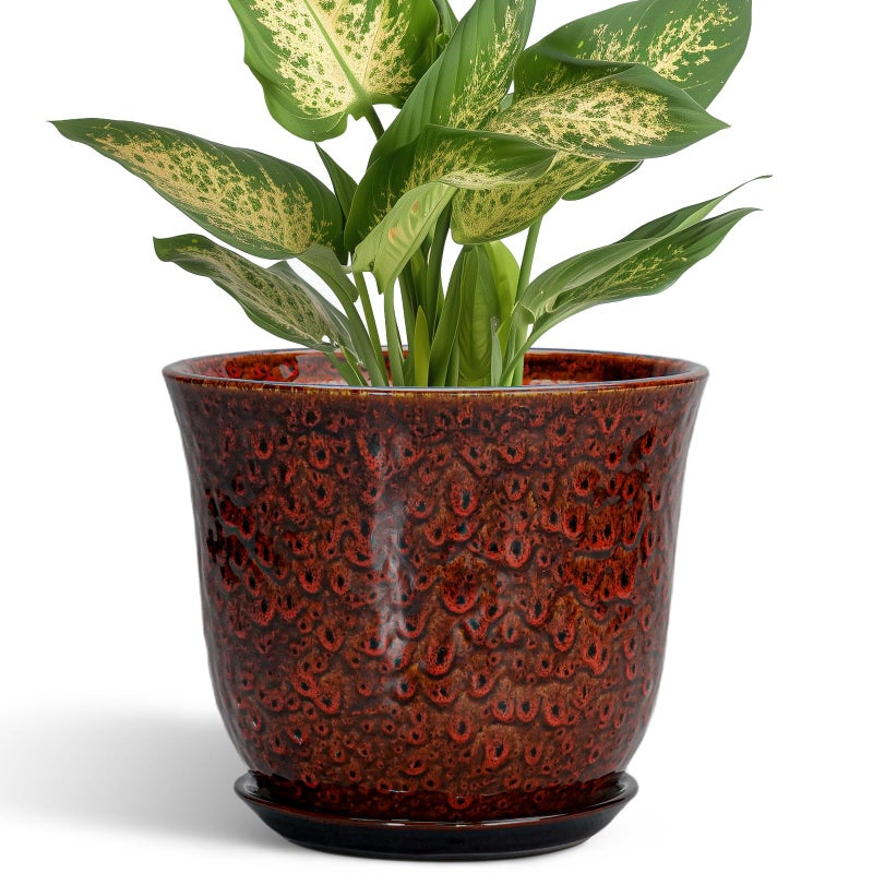 SUNPOTFOR Ceramic Plant Pots - 5.6 Inch Plant Pot Indoor Outdoor, Small Planter with Drainage Hole and Saucer, Round Planter, Orchid Succulent Pots, Garden Room Decor, Gardening Gifts for Women, Red - Image 1