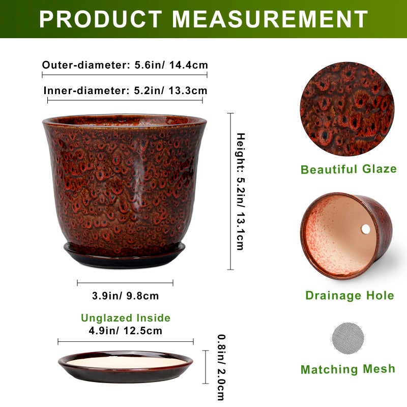 SUNPOTFOR Ceramic Plant Pots - 5.6 Inch Plant Pot Indoor Outdoor, Small Planter with Drainage Hole and Saucer, Round Planter, Orchid Succulent Pots, Garden Room Decor, Gardening Gifts for Women, Red - Image 2