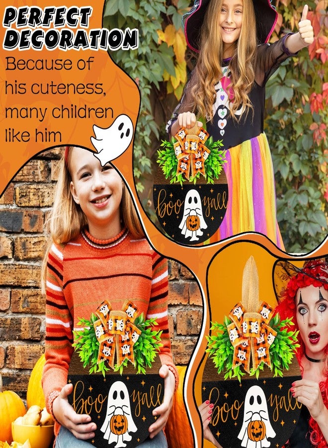 Denylo pro Halloween Wooden Welcome Sign for Front Door Hanging Spooky Ghost Boo Yall Sign with Bow Halloween Wooden Door Hangers Wreath for Farmhouse Home Window Outdoor Wall Party Decoration Supplies - Image 3