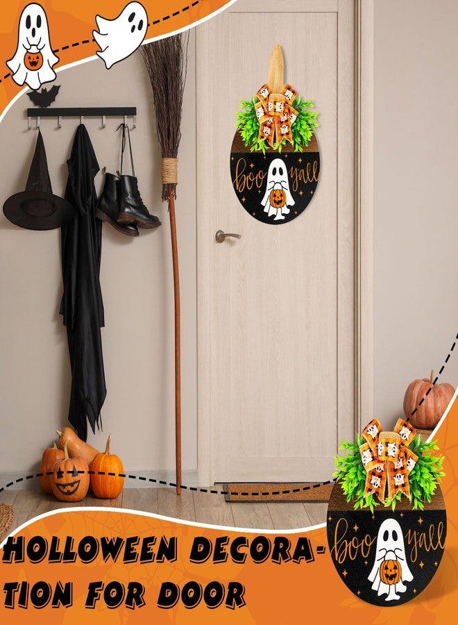 Denylo pro Halloween Wooden Welcome Sign for Front Door Hanging Spooky Ghost Boo Yall Sign with Bow Halloween Wooden Door Hangers Wreath for Farmhouse Home Window Outdoor Wall Party Decoration Supplies - Image 5