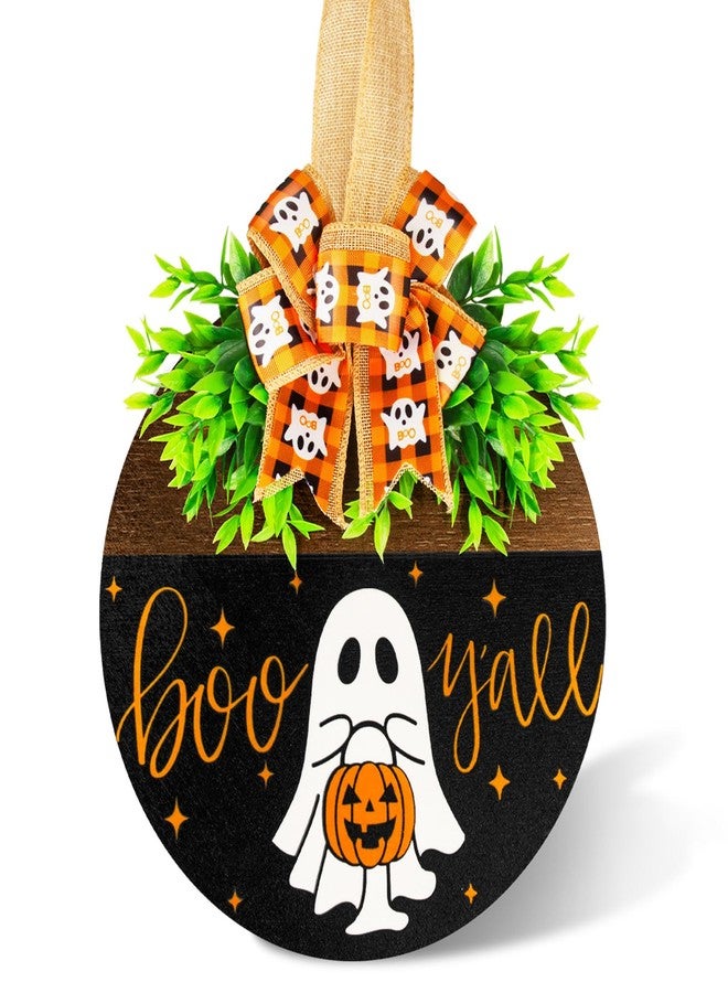 Denylo pro Halloween Wooden Welcome Sign for Front Door Hanging Spooky Ghost Boo Yall Sign with Bow Halloween Wooden Door Hangers Wreath for Farmhouse Home Window Outdoor Wall Party Decoration Supplies - Image 1