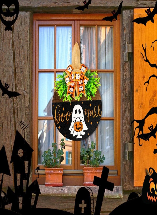 Denylo pro Halloween Wooden Welcome Sign for Front Door Hanging Spooky Ghost Boo Yall Sign with Bow Halloween Wooden Door Hangers Wreath for Farmhouse Home Window Outdoor Wall Party Decoration Supplies - Image 4