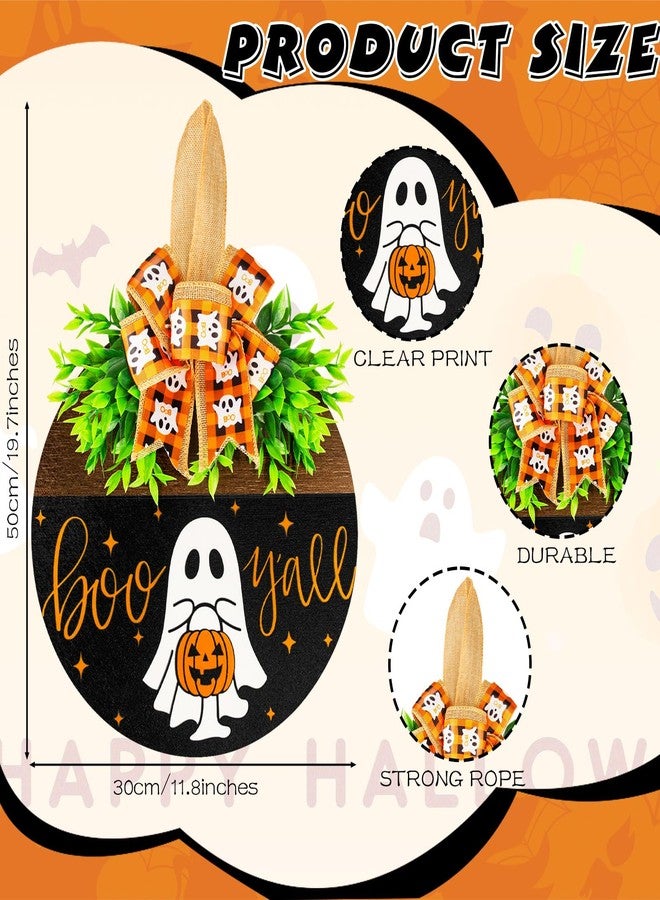 Denylo pro Halloween Wooden Welcome Sign for Front Door Hanging Spooky Ghost Boo Yall Sign with Bow Halloween Wooden Door Hangers Wreath for Farmhouse Home Window Outdoor Wall Party Decoration Supplies - Image 2