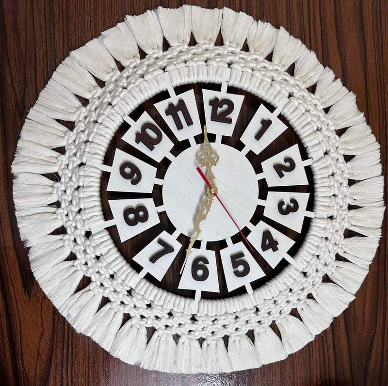 Off White Macrame & Arabesque Wood Clock - Image 1