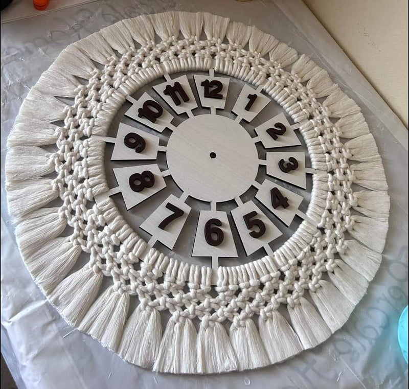 Off White Macrame & Arabesque Wood Clock - Image 2
