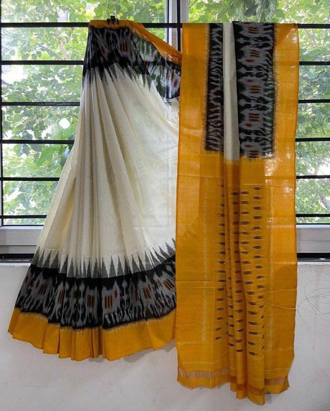 RADHA LAKSHMI Handicrafts Women's Ikat Hand Block Print Pure Soft Cotton Mulmul Saree White Multi Colour with Blouse Piece (ikkat spec White Mustard zick) - Image 2