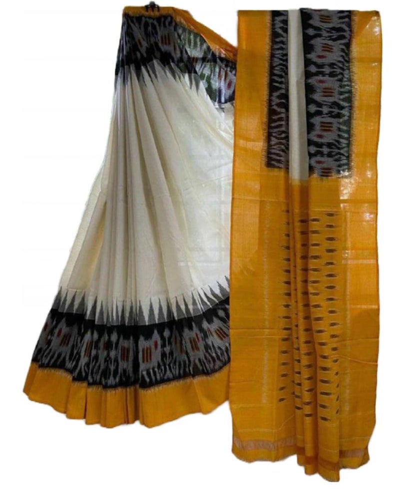 RADHA LAKSHMI Handicrafts Women's Ikat Hand Block Print Pure Soft Cotton Mulmul Saree White Multi Colour with Blouse Piece (ikkat spec White Mustard zick) - Image 1