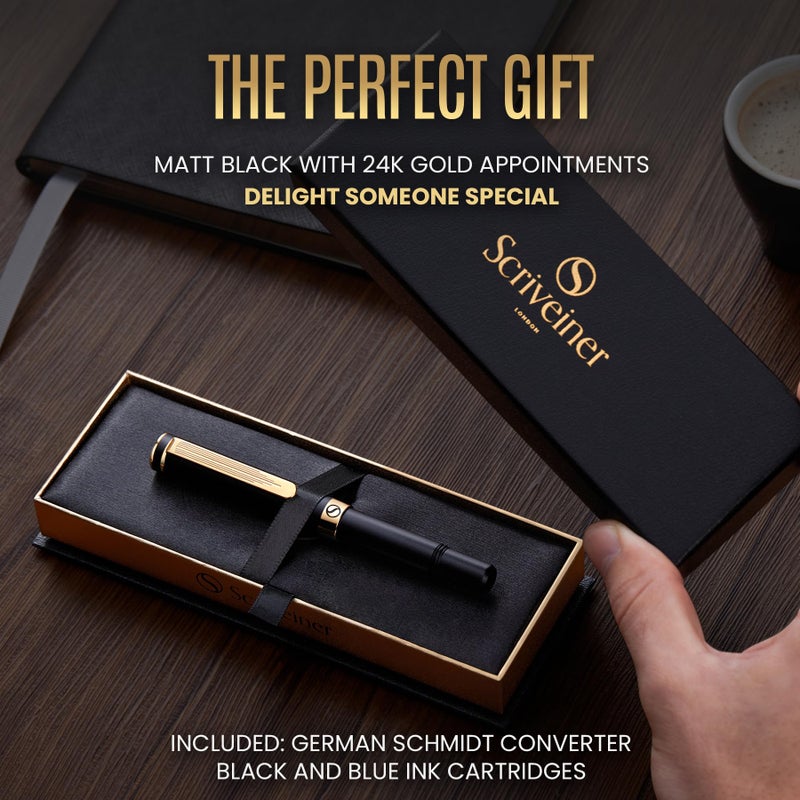 Scriveiner Luxury EDC Fountain Pen (Medium), Stunning Black Pocket Pen, 24K Gold Finish, Schmidt 18K Gilded Nib, Converter, Best Writing Pen Gift Set for Men & Women, Nice Fancy Office Designer Pen - Image 3