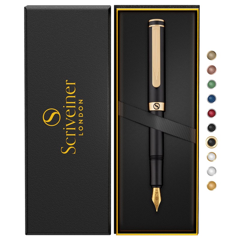 Scriveiner Luxury EDC Fountain Pen (Medium), Stunning Black Pocket Pen, 24K Gold Finish, Schmidt 18K Gilded Nib, Converter, Best Writing Pen Gift Set for Men & Women, Nice Fancy Office Designer Pen - Image 1