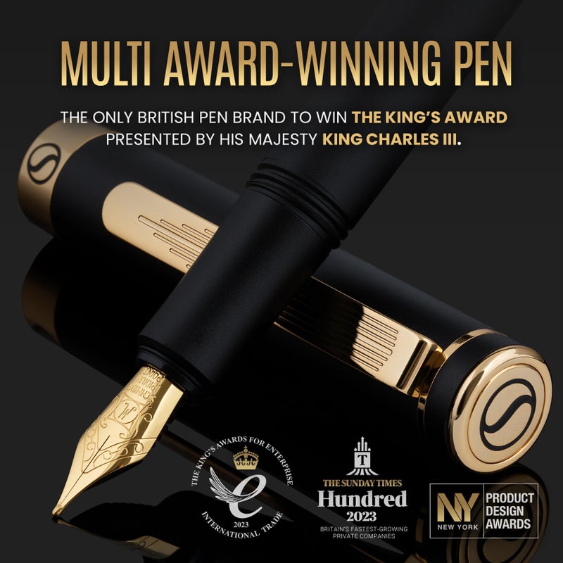 Scriveiner Luxury EDC Fountain Pen (Medium), Stunning Black Pocket Pen, 24K Gold Finish, Schmidt 18K Gilded Nib, Converter, Best Writing Pen Gift Set for Men & Women, Nice Fancy Office Designer Pen - Image 2