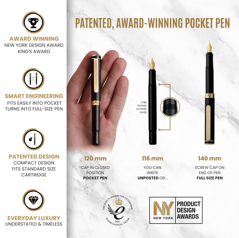Scriveiner Luxury EDC Fountain Pen (Medium), Stunning Black Pocket Pen, 24K Gold Finish, Schmidt 18K Gilded Nib, Converter, Best Writing Pen Gift Set for Men & Women, Nice Fancy Office Designer Pen - Image 4