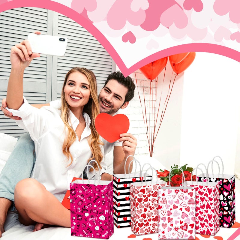 Chivertion 150 Pcs Valentine's Day Gift Bags with Handle Bulk Galentines Heart Paper Goodie Treat Bags for Valentines Galentines Day Party Favors Gift Wrapping Supplies 6 Style, 8 x 6 x 3 Inches - Image 5