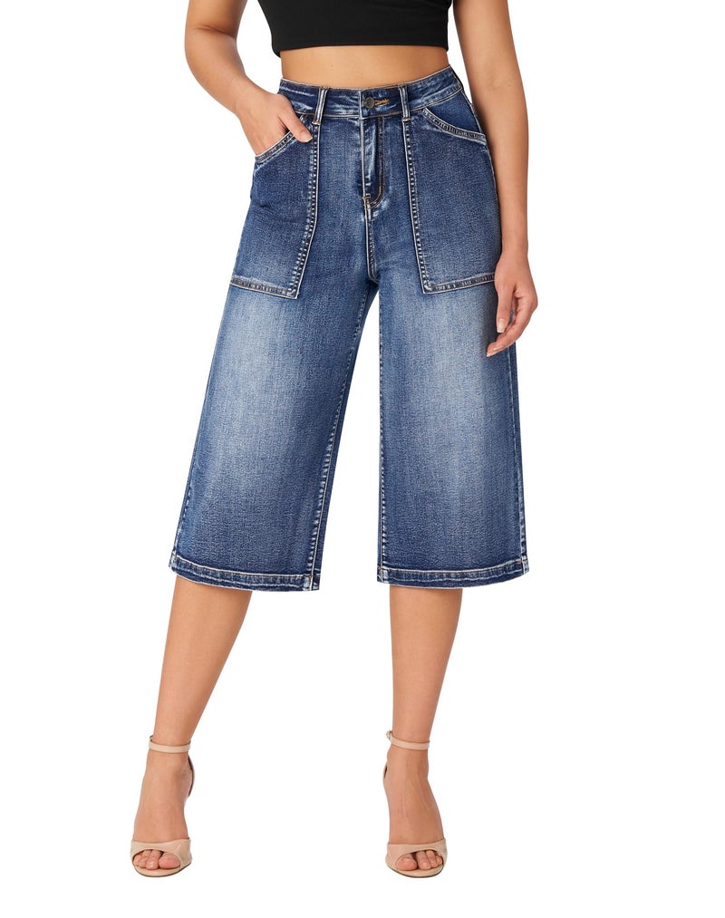 roswear Womenâ€™s Wide Leg Capri Pants Stretchy High Waisted Loose Denim Jeans Blue X-Large - Image 1