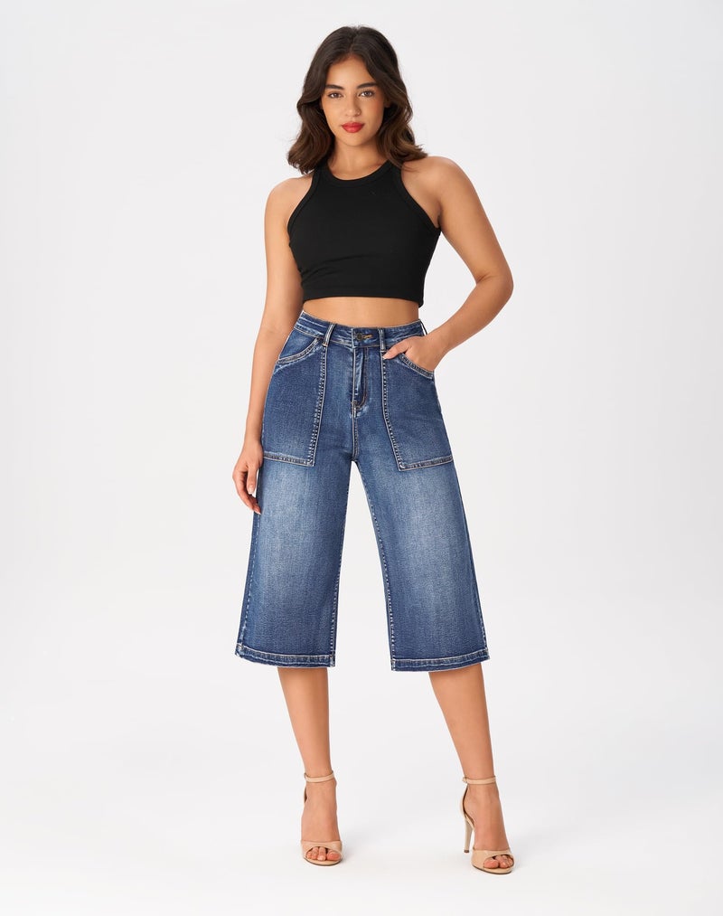roswear Womenâ€™s Wide Leg Capri Pants Stretchy High Waisted Loose Denim Jeans Blue X-Large - Image 2