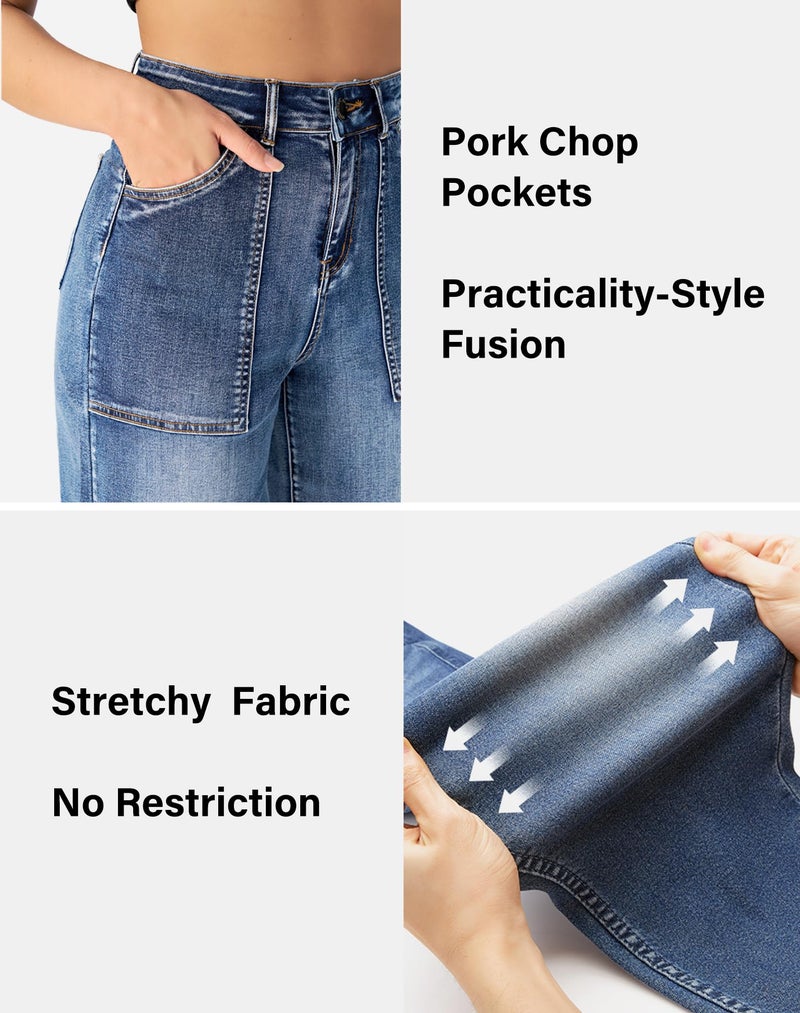 roswear Womenâ€™s Wide Leg Capri Pants Stretchy High Waisted Loose Denim Jeans Blue X-Large - Image 5