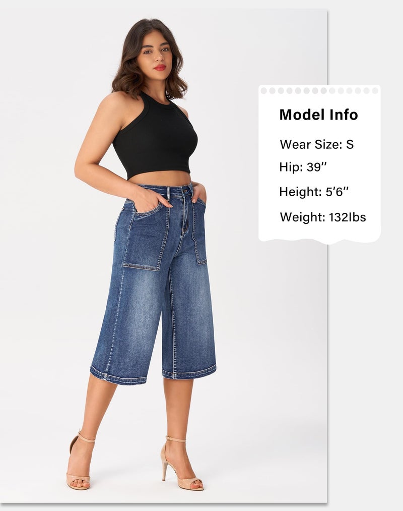 roswear Womenâ€™s Wide Leg Capri Pants Stretchy High Waisted Loose Denim Jeans Blue X-Large - Image 4