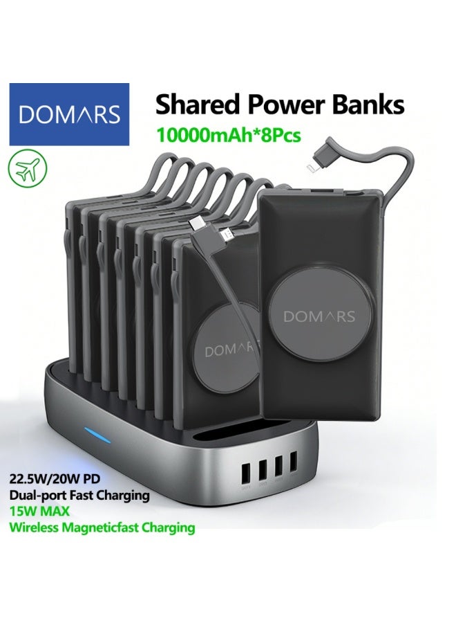 Domars Magnetic Power Banks 8-in-1 Charging Station Combo 8 X 10000mAh Shared Power Bank Kiosk, 15W Magnetic Wireless Charging 22.5W Super Built-in Fast Charging Cable Type-C Cable LED Display, Includes Charging Cable, Travel Charger External Battery Pack Compatible With iPhone 11/12/13/14/15/16/17 Pro Max Series Suitable For Hotels, Cafes, Family，Restaurants, Shopping Malls, And Exhibitions（Black) - Image 1