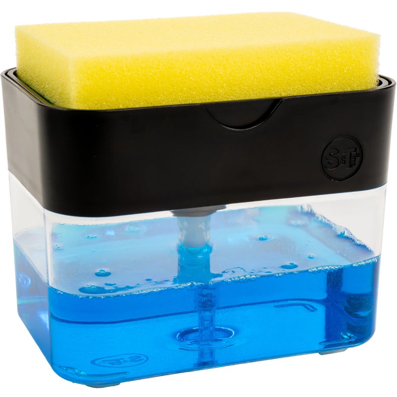S&T INC. Dish Soap Dispenser and Sponge Holder for Kitchen Sink with Enhanced Features, Sponge Included, 13 Ounces, Matte Black - Image 1