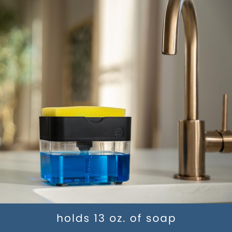 S&T INC. Dish Soap Dispenser and Sponge Holder for Kitchen Sink with Enhanced Features, Sponge Included, 13 Ounces, Matte Black - Image 5