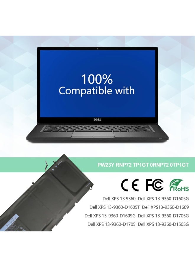 Terabyte PW23Y Battery for Dell XPS 13 9360 13-9360-D1605G 13-9360-D1605T 13-9360-D1509 XPS 13-9360-D1505G 13-9360-D1609G 13-9360-D1609G 13-9393 600-D1 609 13-9360-D1705G RNP72 0RNP72 TP1GT 0TP1GT 7.6V - Image 3
