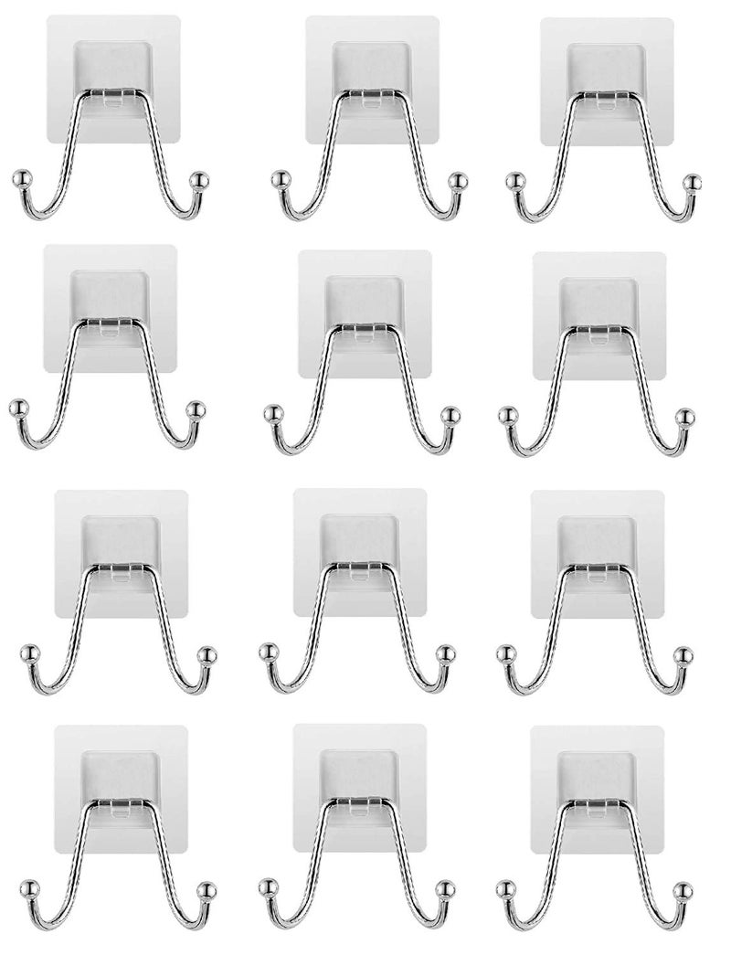Zebroc 12Pcs Stainless Steel Wall Hangers, Bath Towel Double Hook, Self Adhesive Hooks Stick On Wall Hanging Door Clothes Holder Utility Hanging Hooks Storage (Transparent) (12, Double Hook) - Image 1
