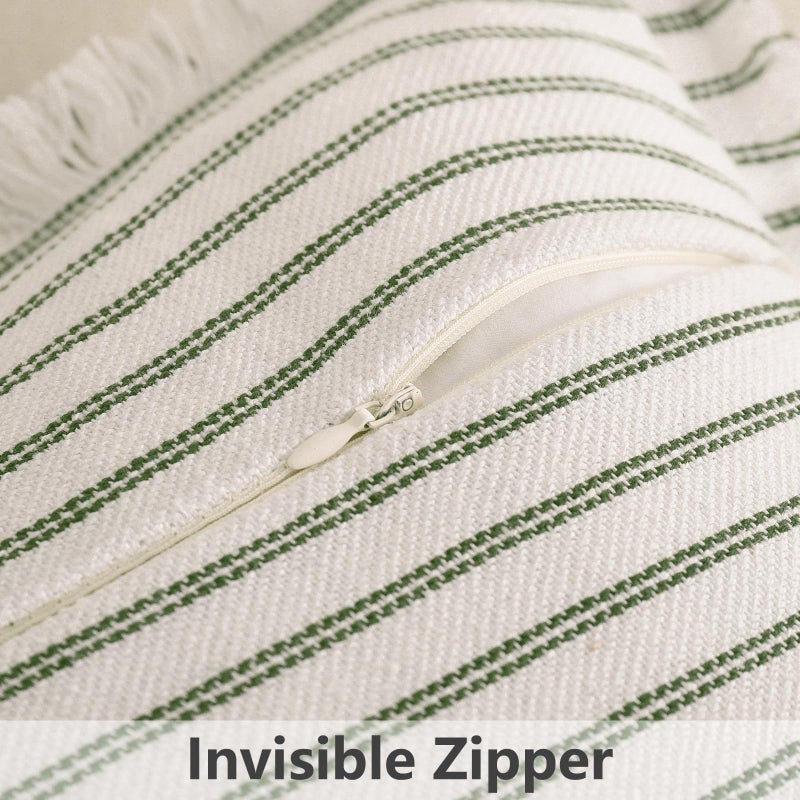 ZWJD Throw Pillow Covers 18x18 Set of 2 Striped Pillow Covers with Fringe Chic Cotton Decorative Pillows Square Cushion Covers for Sofa Couch Bed Living Room Farmhouse Decor (Olive Green) - Image 5