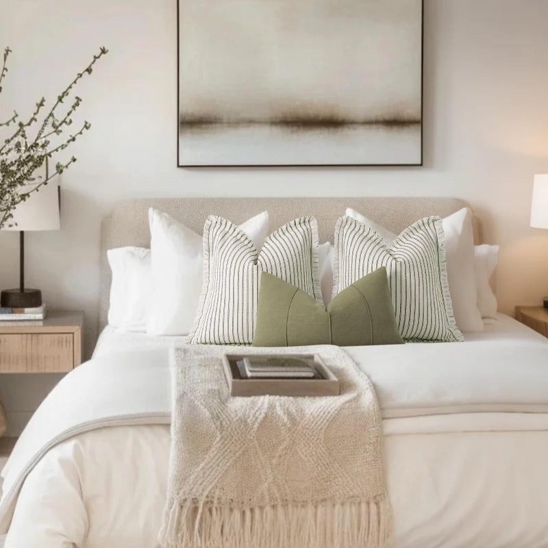 ZWJD Throw Pillow Covers 18x18 Set of 2 Striped Pillow Covers with Fringe Chic Cotton Decorative Pillows Square Cushion Covers for Sofa Couch Bed Living Room Farmhouse Decor (Olive Green) - Image 4