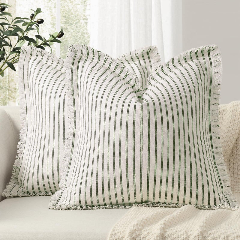 ZWJD Throw Pillow Covers 18x18 Set of 2 Striped Pillow Covers with Fringe Chic Cotton Decorative Pillows Square Cushion Covers for Sofa Couch Bed Living Room Farmhouse Decor (Olive Green) - Image 1