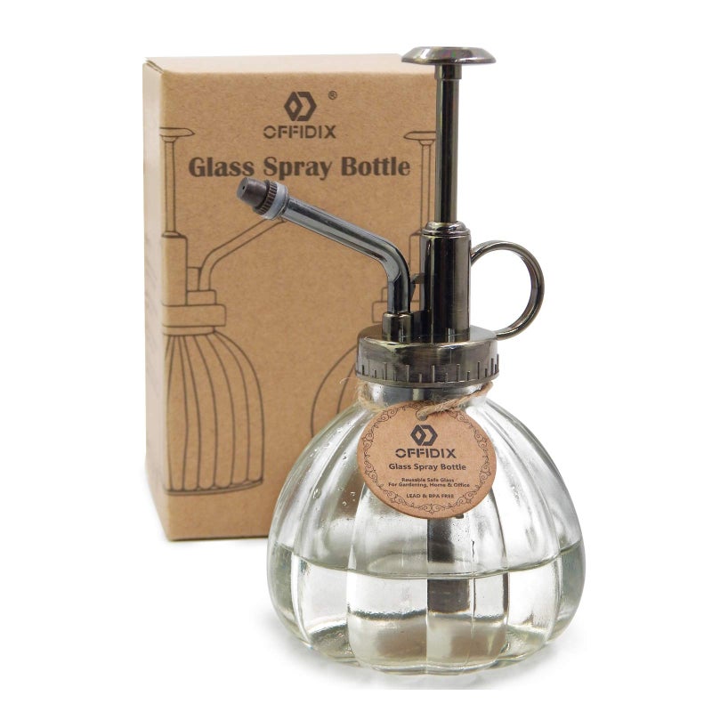 OFFIDIX Transparent Glass Watering Spray Bottle, 6.3 Inches Tall Vintage Style with Bronze Plastic Top Pump One Hand Plant Mister Glass Watering Can Indoor - Image 2